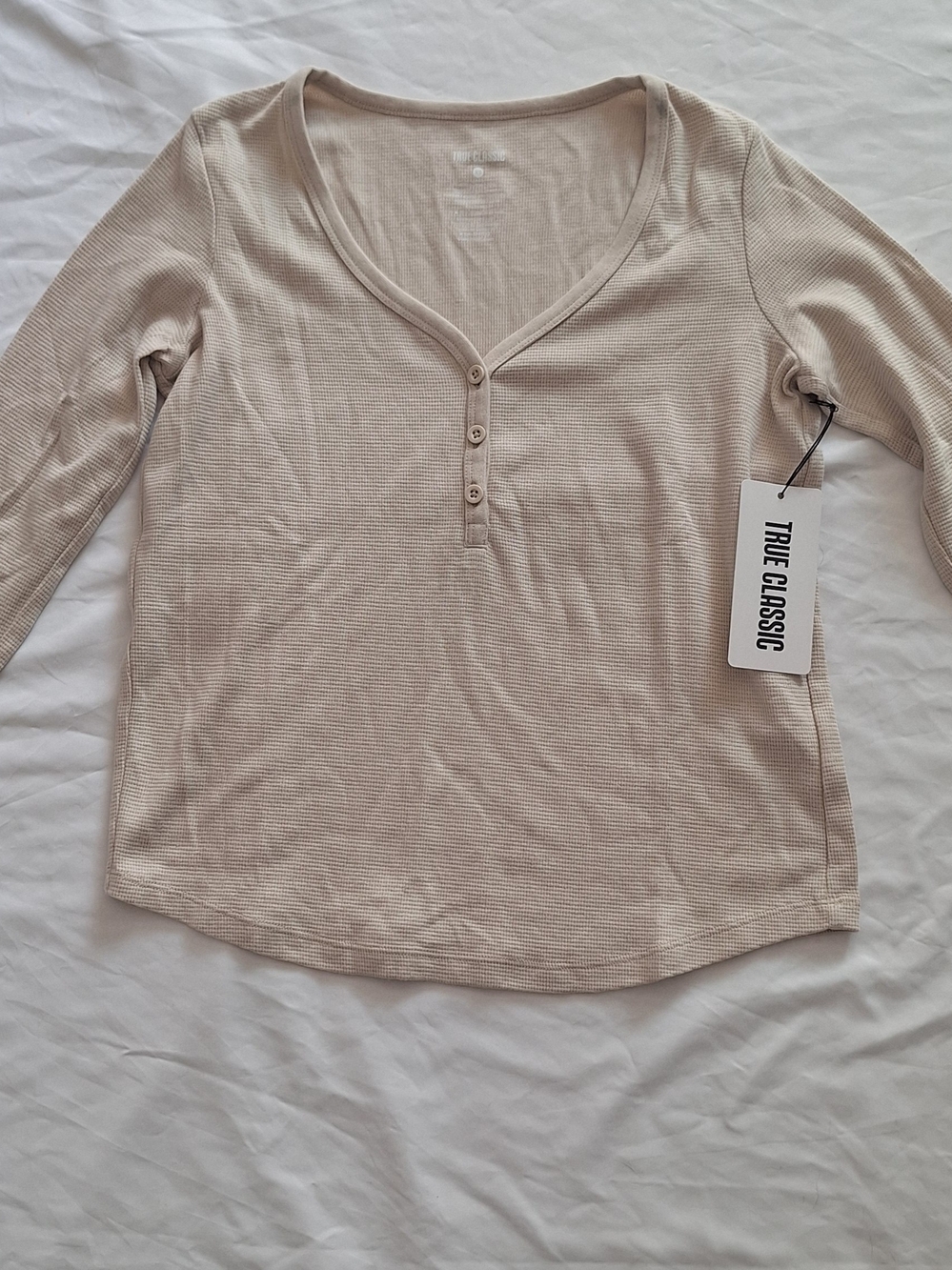 True Classic Beige Ribbed Henley Long Sleeve Top